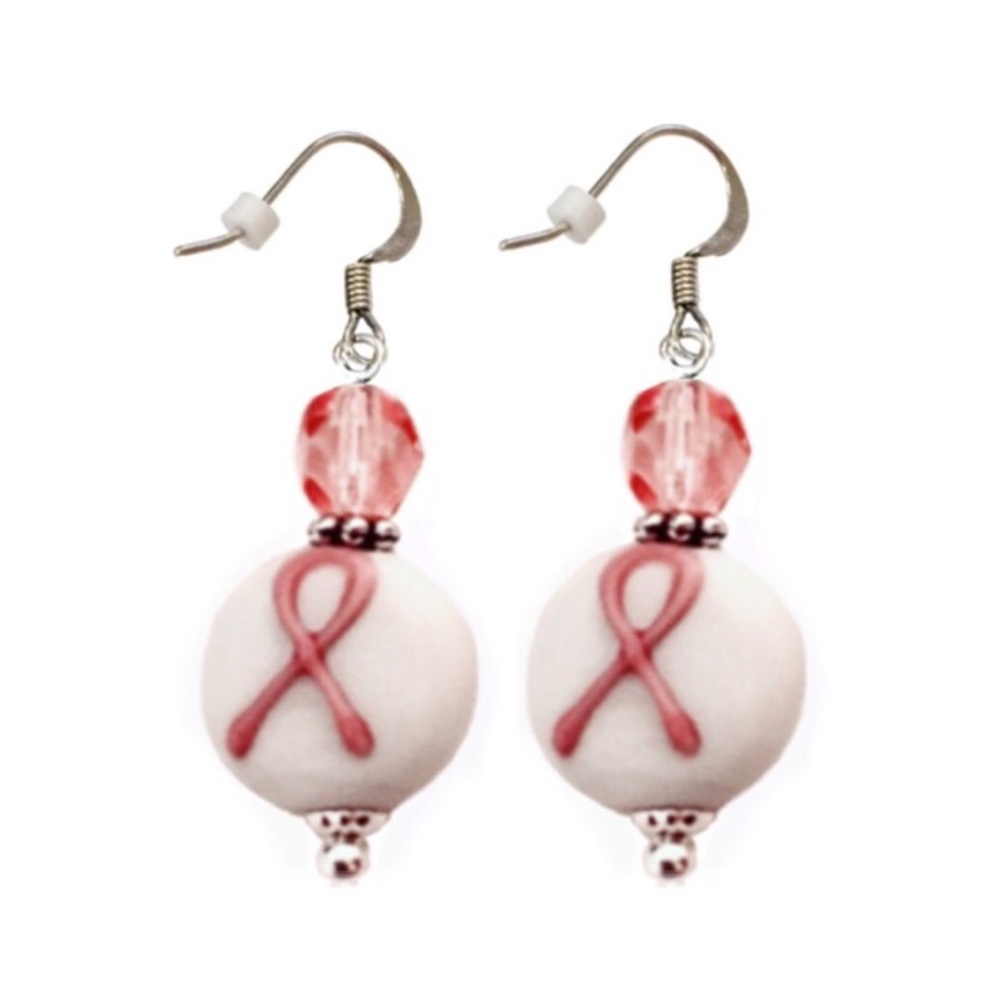 Handmade Lampwork Glass Breast Cancer Awareness Earrings, EB Designs, 1 Pair NEW - Picture 5 of 10